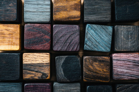 Close-up of multi-colored wooden blocks, arranged in a grid-like patternの素材