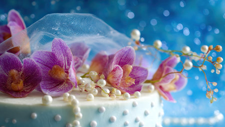 Close-up of a light blue cake with purple orchids, pearls, and delicate veil on a blue bokeh backgroundの素材