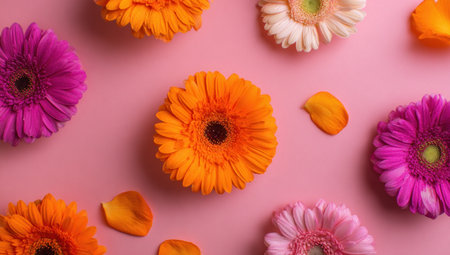 Vivid, colorful gerbera daisies and scattered petals against a pastel pink backdropの素材