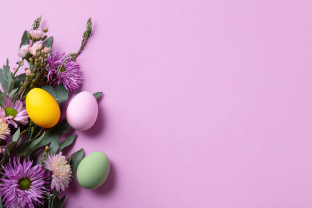 Pastel Easter scene featuring three colored eggs nestled with vibrant blooms on a pink surfaceの素材