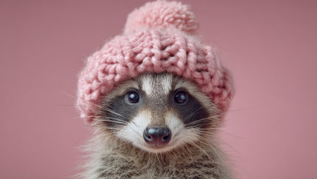 A raccoon in a pink knitted hat poses against a solid rose background, face close-upの素材