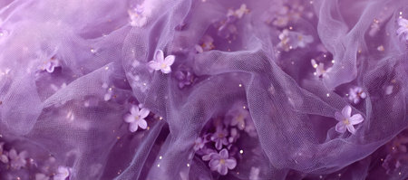 A soft, dreamy close-up. Delicate lavender fabric with tiny scattered blossoms and subtle gold flecksの素材