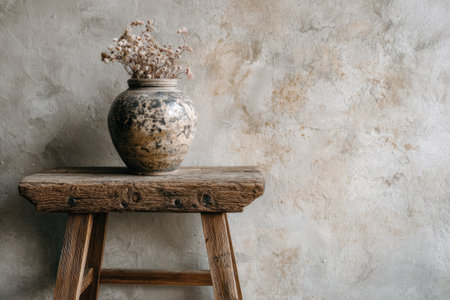 An aged wooden stool holds a decorated pot with dried flowers against a textured wallの素材