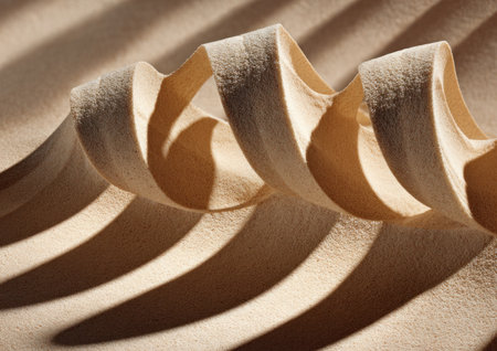 Close-up of a spiraling beige ribbon-like form with strong shadowsの素材