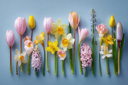 An overhead shot of colorful spring flowers in a line against a soft blue backgroundの素材