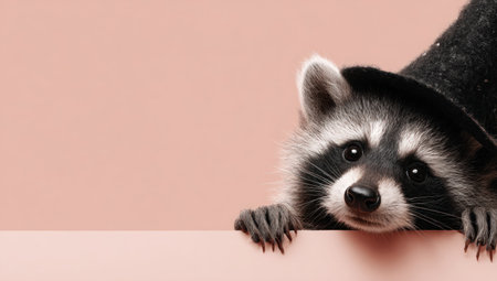 A curious raccoon peeks over a pink surface, wearing a tiny top hatの素材