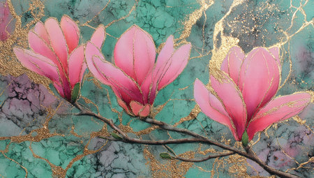 Elegant floral art. Three pink magnolia blossoms with gold accents against a marbled backgroundの素材