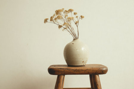 Beige vase with dried flowers sits on a rustic wooden stool against a cream wallの素材