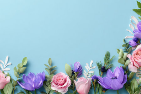 A vibrant floral arrangement of pink and purple blooms and greenery on a bright blue backdropの素材