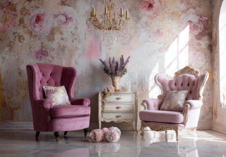 Elegant room with floral wallpaper, velvet chairs, ornate furniture, and a crystal chandelierの素材