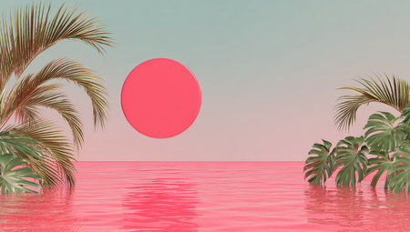 A stylized seascape with lush tropical foliage framing a vibrant pink sun over calm waterの素材