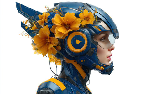 A profile of a woman adorned with yellow flowers and a futuristic blue helmetの素材