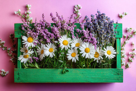 Close-up of a rustic green wooden box overflowing with colorful spring flowers on pinkの素材