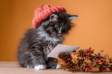 Fluffy kitten in a knitted hat, examining a card, with orange backdrop and dried foliageの素材