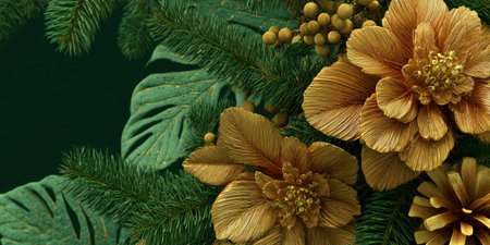Lush, textured gold flowers and green foliage artfully arranged on a dark green backgroundの素材