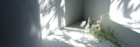 Daisies rest in a white alcove, dappled by sunlit shadows. Clean lines with natural beautyの素材
