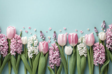 Pastel floral arrangement of tulips, hyacinths, and tiny blossoms on a light blue backdropの素材