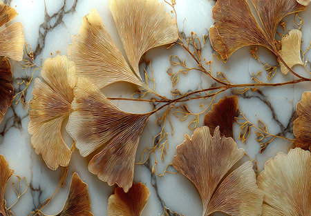 Textured close-up featuring golden fan-shaped leaves on a white marbled surfaceの素材
