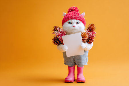 A white cat wearing a red hat and boots, holding a blank paper, with pineconesの素材