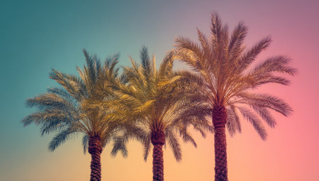 Three palm trees silhouetted against a gradient sky of turquoise, yellow, and pinkの素材