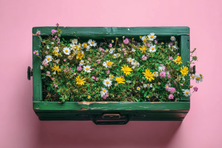 A reclaimed green drawer bursts with vibrant wildflowers on a pastel pink backdropの素材