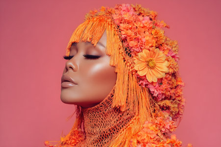 Woman with closed eyes, bronzed skin, adorned in orange floral headdress, pink backdropの素材