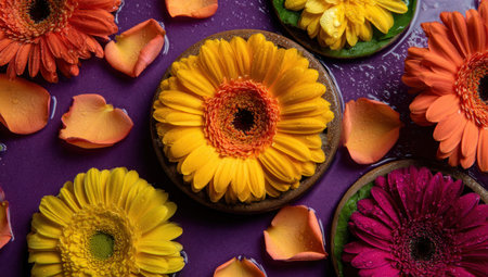Vivid floral arrangement with gerbera daisies in wooden bowls atop a purple surfaceの素材