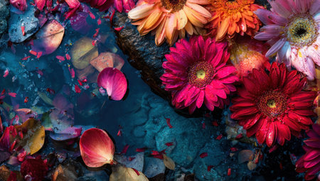 Colorful gerbera daisies float atop dark water, petals scattered, reflecting flowersの素材