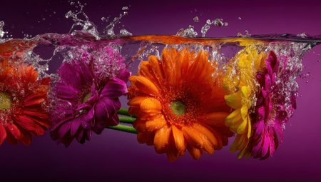 Colorful gerbera daisies partially submerged in water, creating splashes and ripplesの素材