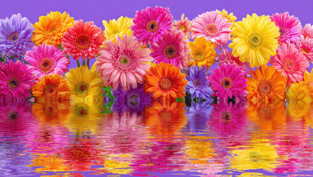 Vibrant gerbera daisies in an array of colors reflect beautifully on a watery surfaceの素材