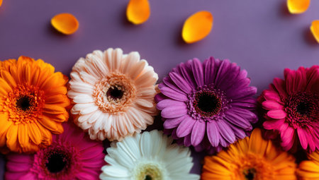 Vibrant gerbera daisies in varying colors with petals scattered on a purple backgroundの素材