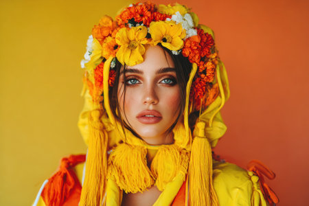 Portrait of a woman with striking blue eyes, adorned with a floral headdress and yellow garmentsの素材