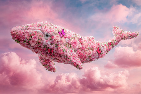 A floral whale floats through a dreamy, pink-toned sky with butterfliesの素材