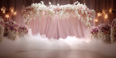 Romantic, ethereal event space with flowers, curtains, lighting, and fogの素材