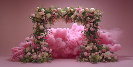 Floral archway laden with roses, standing before a backdrop of billowing pink cloudsの素材