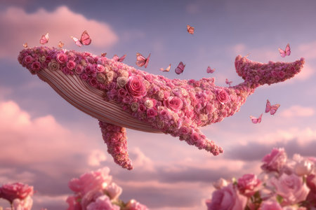 Whimsical floral whale swims in a soft pink sky, with butterflies fluttering aroundの素材