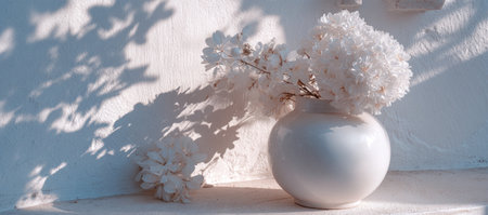 A white vase with white flowers sits on a ledge, casting shadows against a textured wallの素材