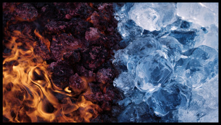 Split image; vibrant flames on left clash against cool blue ice on the right, dark borderの素材