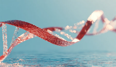 A close-up of a DNA double helix, red strands with water droplets, on a blue backdropの素材