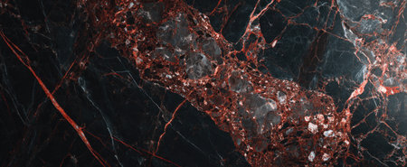 Close-up of dark marble featuring red and white veins and inclusionsの素材