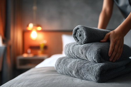 Hands arranging neatly folded gray towels on a bed, bedroom interior blurredの素材