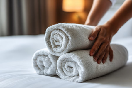 Hands arranging three rolled white towels on a neatly made bed in a room, sunlight softの素材
