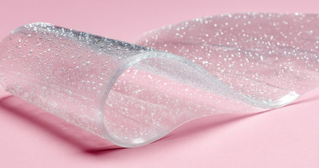 Close-up of a translucent, curved strip with embedded specks, against a pink backgroundの素材