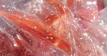 Close-up of translucent, crinkled plastic with embedded glitter, revealing a glimpse of red objectsの素材