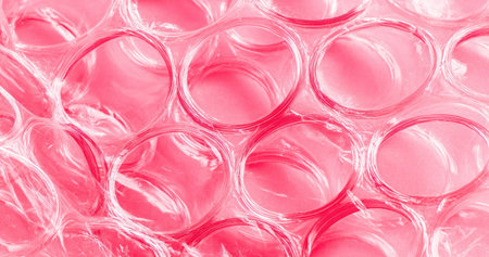 Macro shot of pink bubble wrap, featuring translucent spheres and a repetitive patternの素材