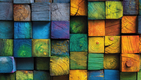 Close-up of a wall made from colorful, square, wooden blocksの素材