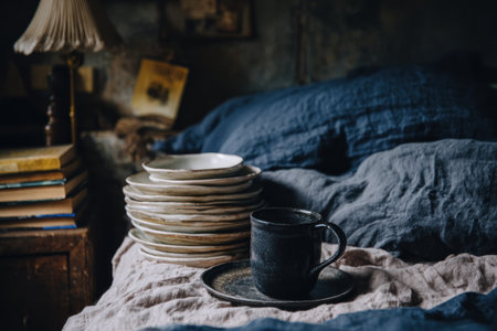 Moody, layered bedroom scene with books, plates, and a cup on rumpled linen beddingの素材