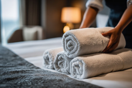 Hotel worker places neatly rolled white towels on a made bed in a well-lit hotel roomの素材