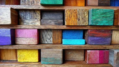 Cubical wooden blocks of various colors filling shelves. Artistic arrangement with texturesの素材