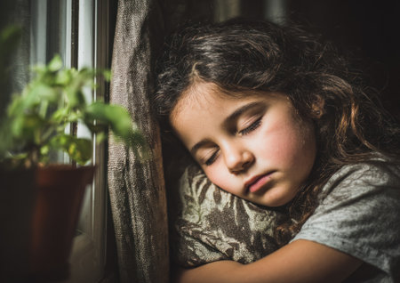 A sleeping young girl leans against a window, next to a houseplant and a curtainの素材